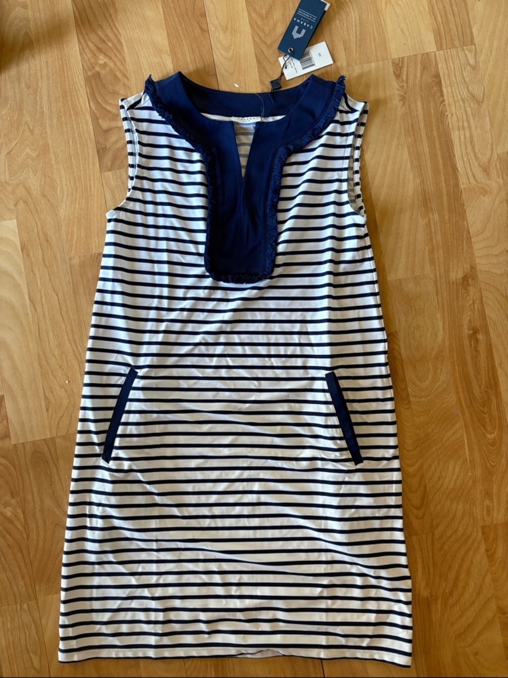 Cabana Life Navy and White Striped Tunic with Fringe Trim